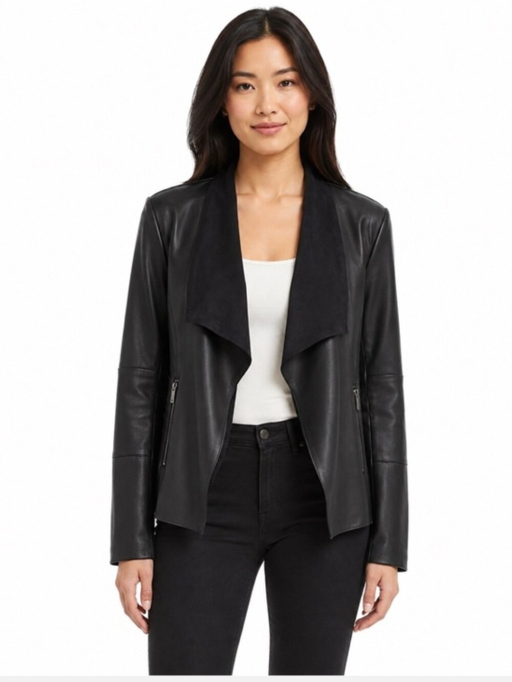 Bagatelle Collection Faux Leather Drape Front Jacket Size L Soft Faux Suede Lape